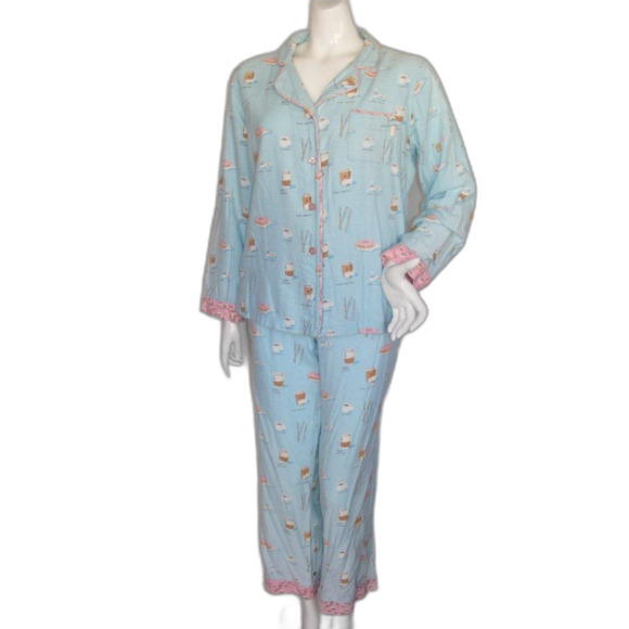 MUNKI MUNKI Pajama Set, M, Blue, Donuts & Coffee, Flannel, 2 piece, Top/Pants - Picture 3 of 14